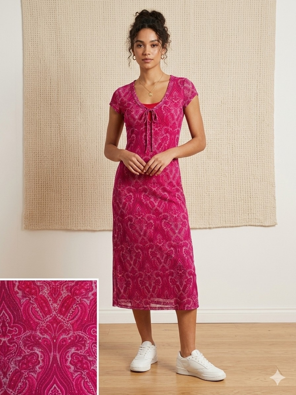 Vintage Y2K Zara Hot Pink Paisley Midi Dress Mesh Boho Chic Summer Fairycore M